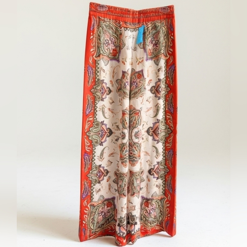 RACHEL ZOE White Orange Satin Wide Leg Pants Small New - Picture 3 of 12
